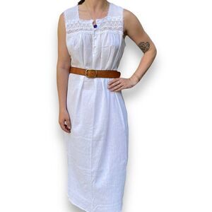 Vintage 1990s Womens Crepe Cotton Summer White Peasant Bohemian Hippy Dress L